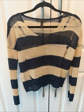 BCBGMaxAzria Navy and Cream Striped Distressed Knit Sweater